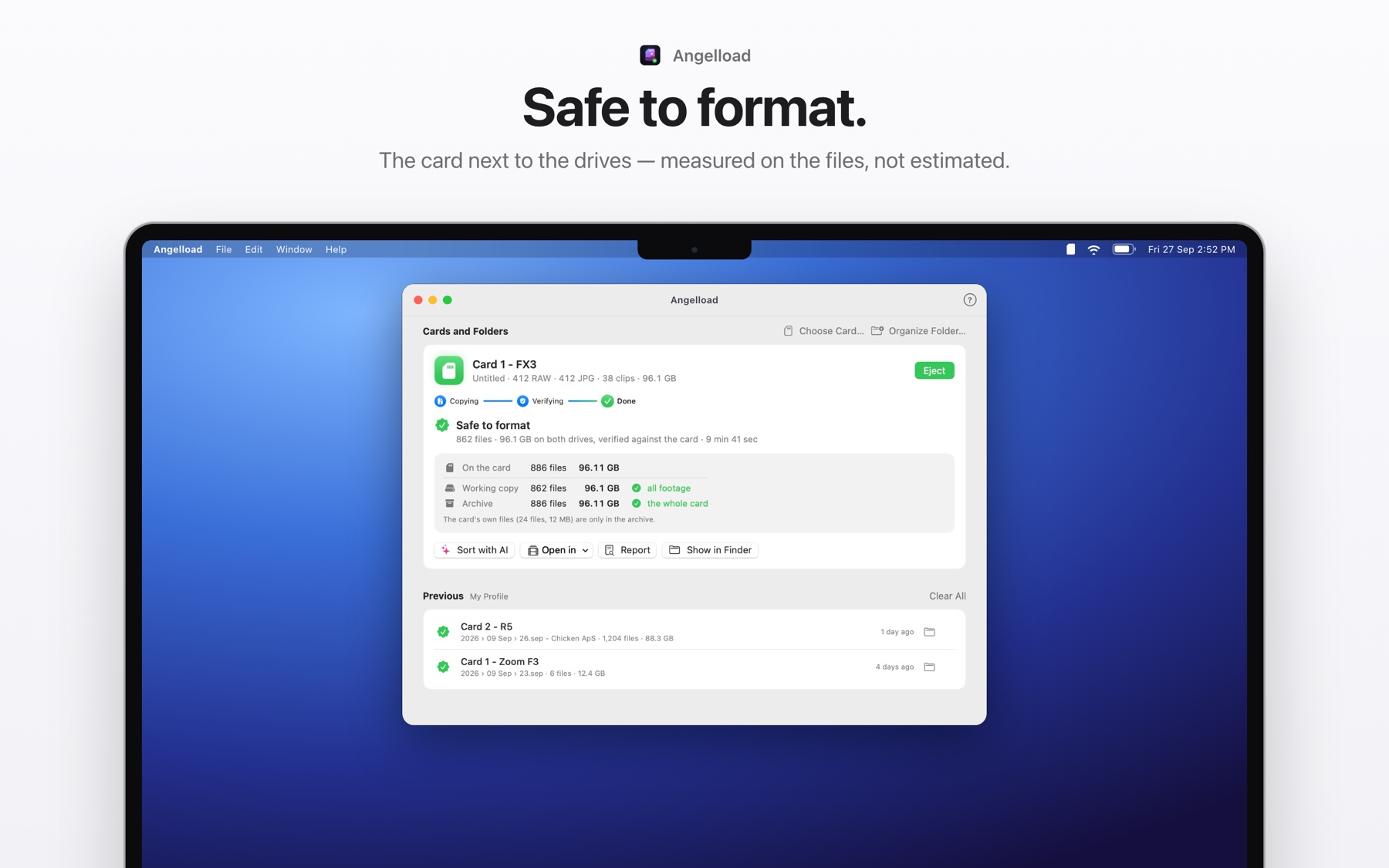 Angelload on a MacBook with a card that has been copied and verified, and the message Safe to format