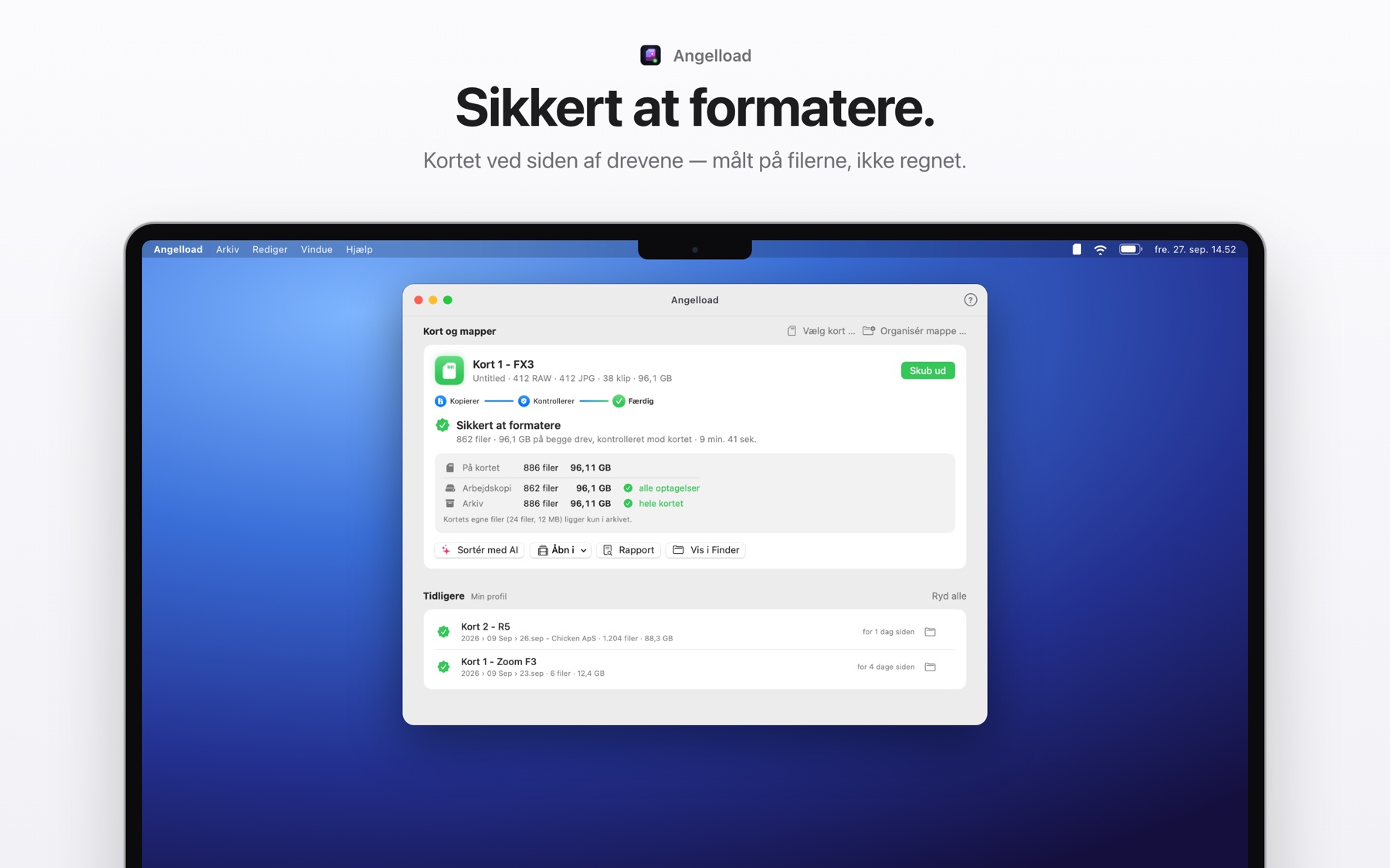 Angelload på en MacBook med et kort, der er kopieret og kontrolleret, og beskeden Sikkert at formatere