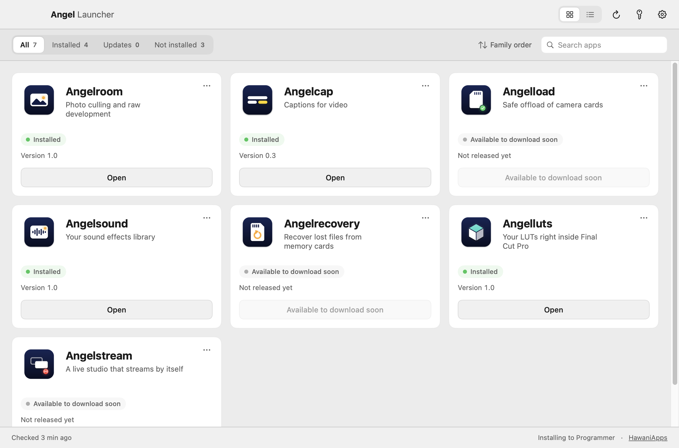 Angel Launcher with a grid of Angel apps, each with a button to install, update or open it