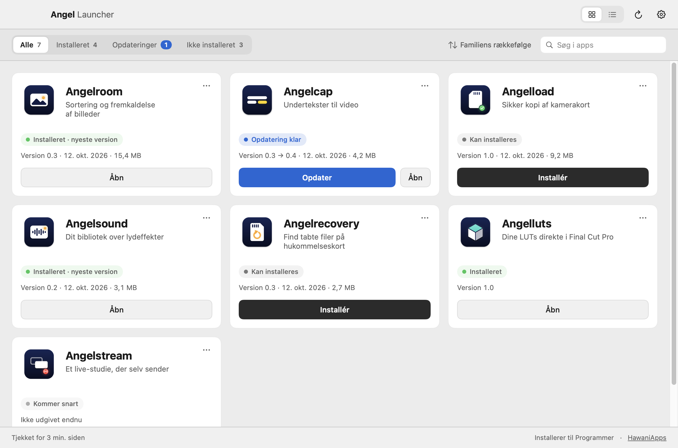 Angel Launcher med et gitter af Angel-apps, hver med en knap til at installere, opdatere eller åbne
