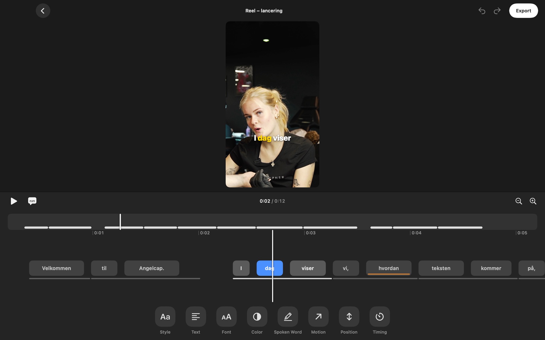 Angelcap on a MacBook with a video, its caption and the timeline with every word